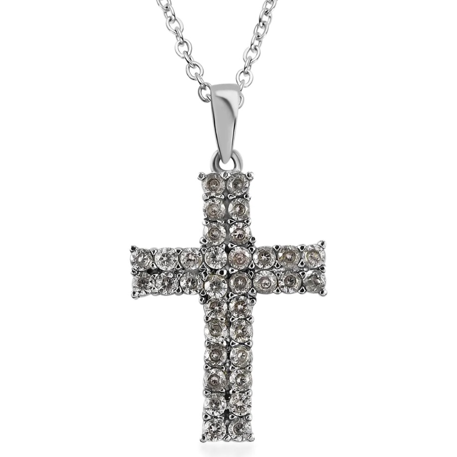 White Zircon Cross Pendant Necklace (20 Inches) In Stainless Steel